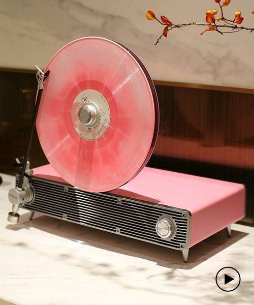 sleek vertical turntable brings bold colors & vintage mood to any room